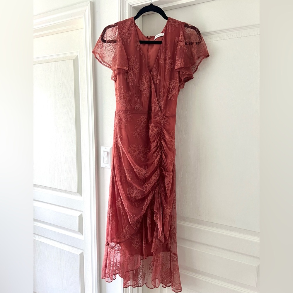 LUSH rust lace faux wrap dress